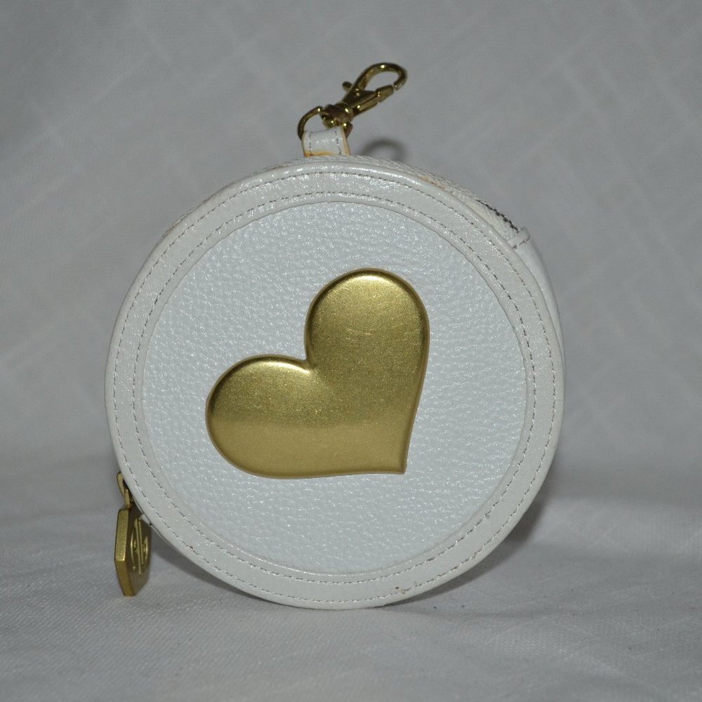 Jonathan Adler White Leather Gold Heart Round Zip Coin Purse